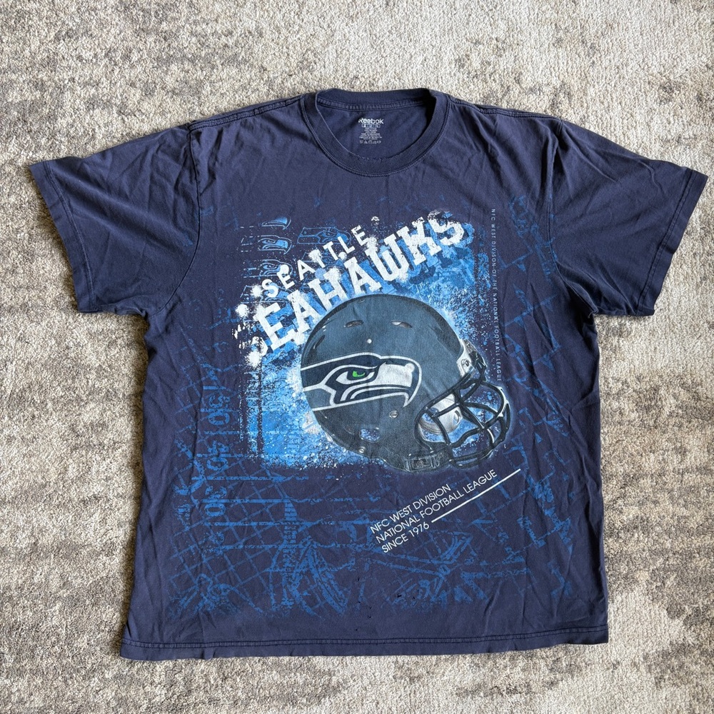 Vintage Reebok Y2K Seattle Seahawks Helmet All Over Print Graphic Tee